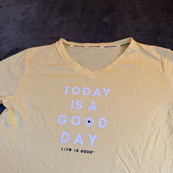 Life is Good Yellow V Neck T Shirt Today is a Good Day Graphic Womens Medium - Picture 2 of 9